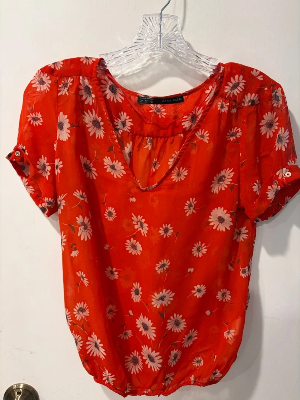 Zara Basic Bright Red Daisy-Print Short Sleeve Blouse XS